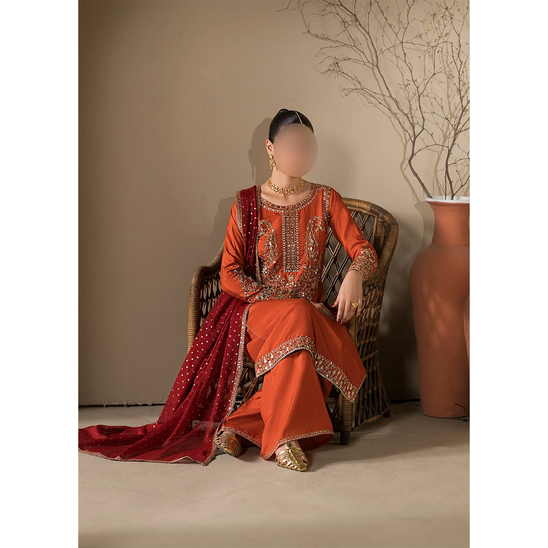 Rust Pakistani wedding guest outfit