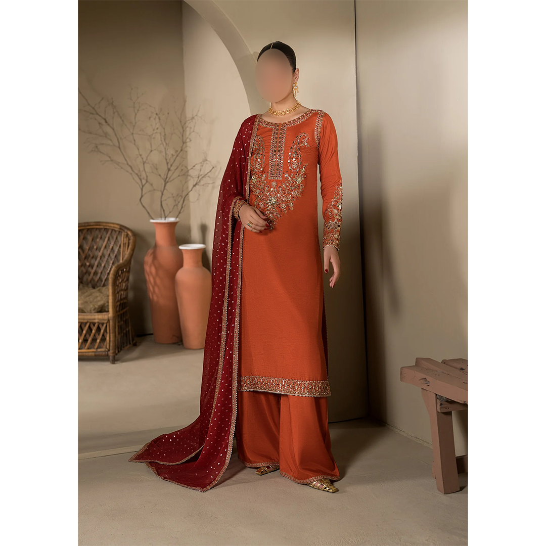Rust embroidered long kurta with flared trouser