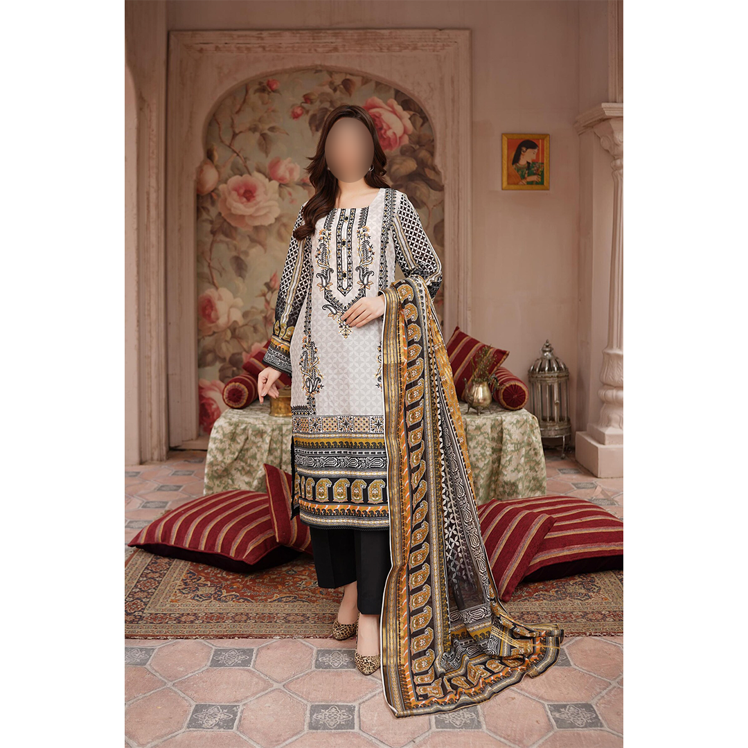 Woman in a traditional outfit with a decorative dupatta in a ornate room.