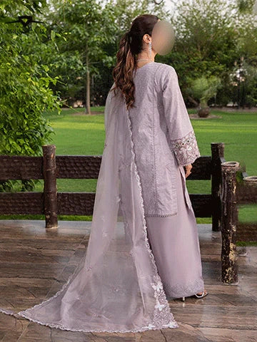 Schiffli Embroidered Cotton Suit – 3D Floral Shirt with Farshi Shalwar & Organza Dupatta