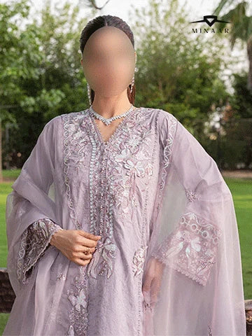 Schiffli Embroidered Cotton Suit – 3D Floral Shirt with Farshi Shalwar & Organza Dupatta