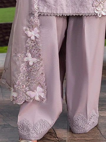 Schiffli Embroidered Cotton Suit – 3D Floral Shirt with Farshi Shalwar & Organza Dupatta