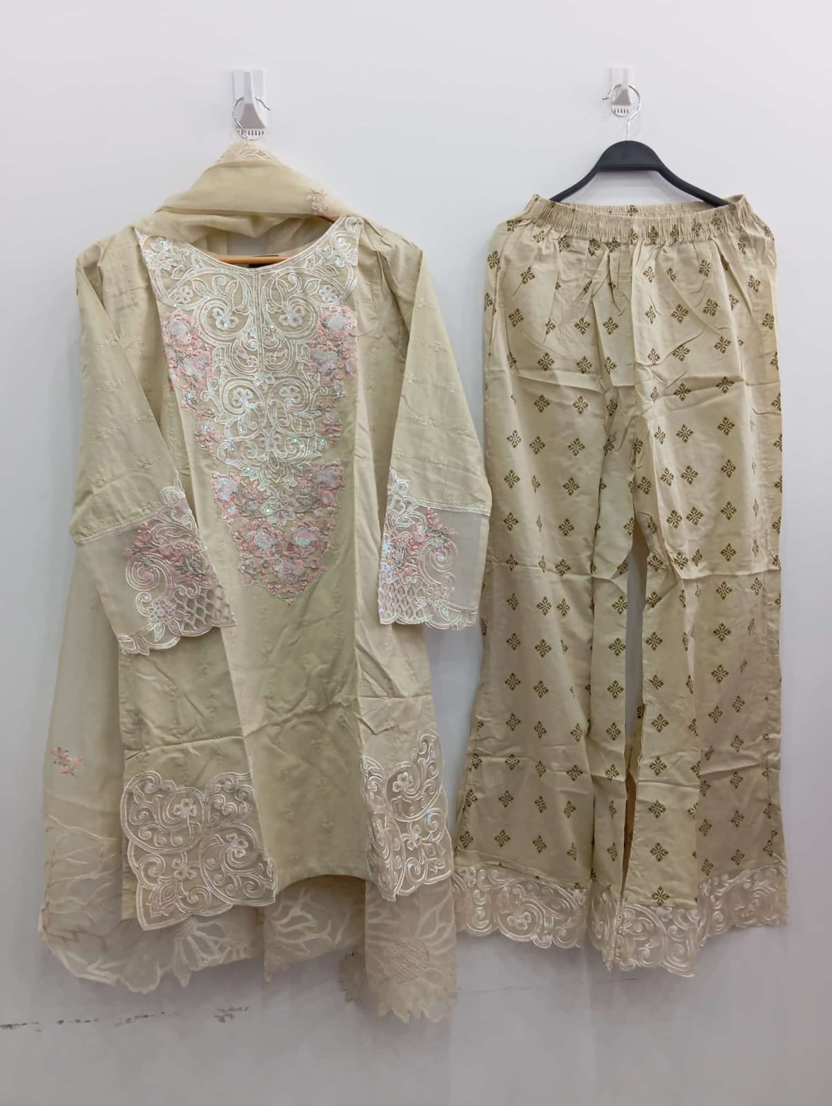 Schiffli and multihead embroidery detail on Pakistani cotton shirt