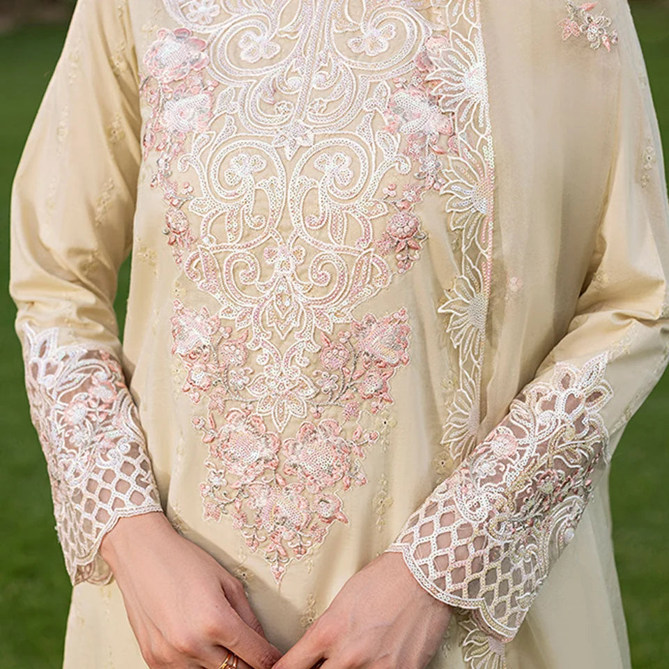 Schiffli and multihead embroidery detail on Pakistani cotton shirt