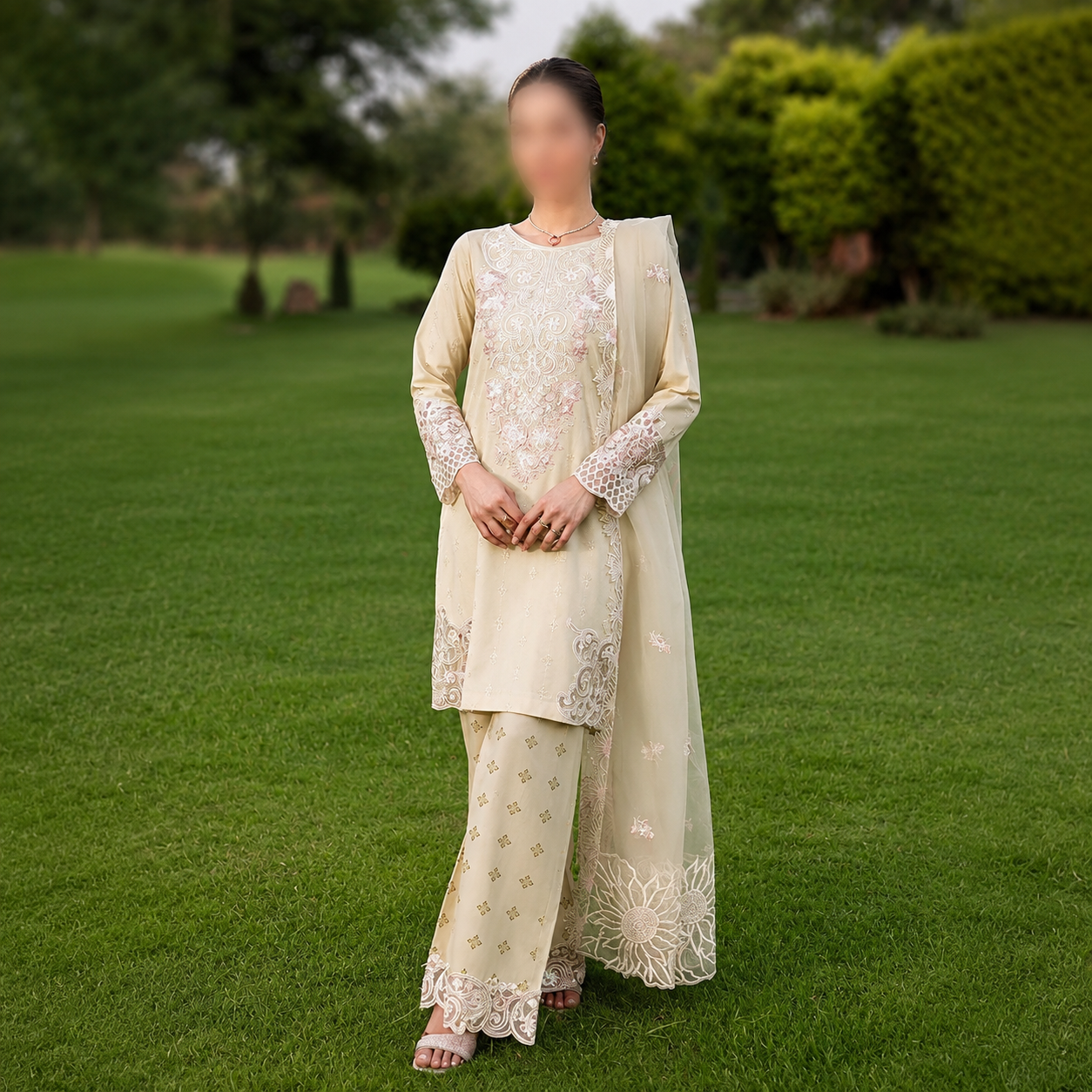 Schiffli embroidered summer cotton Pakistani 3 piece suit with organza dupatta