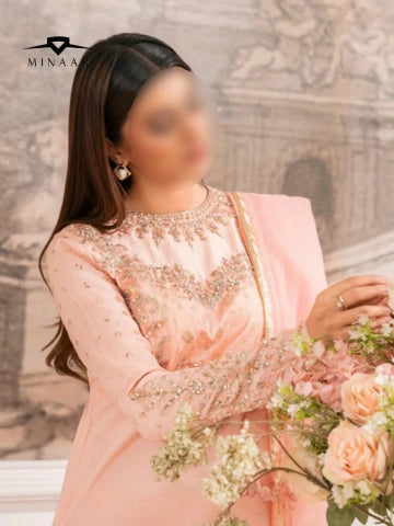 Peach Embroidered Rawsilk Kurta Set | 3 Piece Pakistani Suit for Women