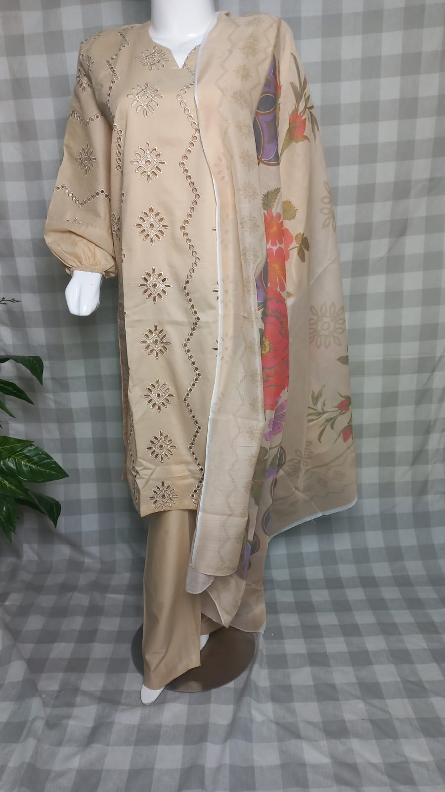 Skin beige Chikankari lawn 3 piece Pakistani suit with plain trouser and diamond printed dupatta