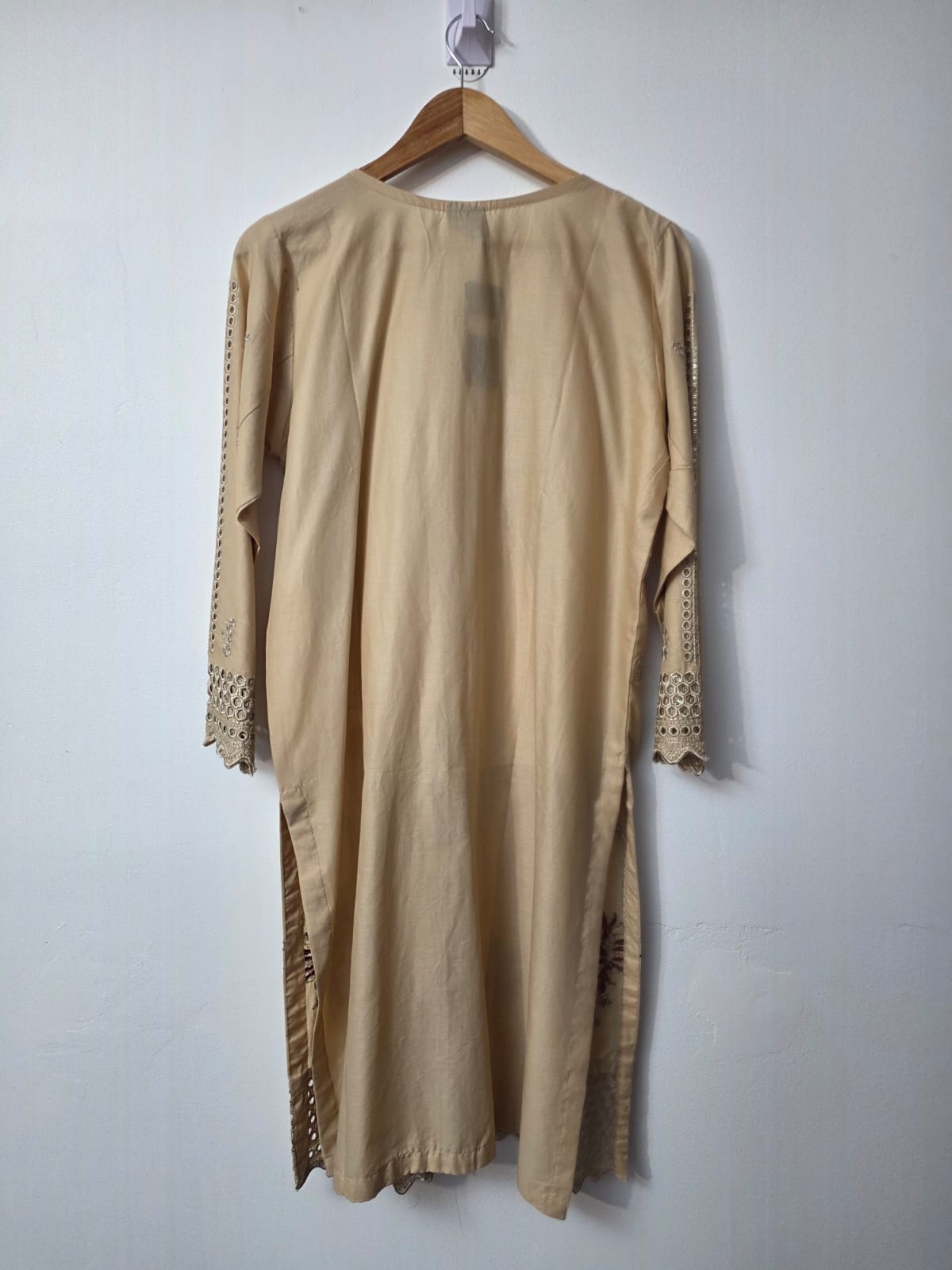 Skin beige cotton lawn 3 piece Pakistani suit with sitara embroidery, cutwork border,