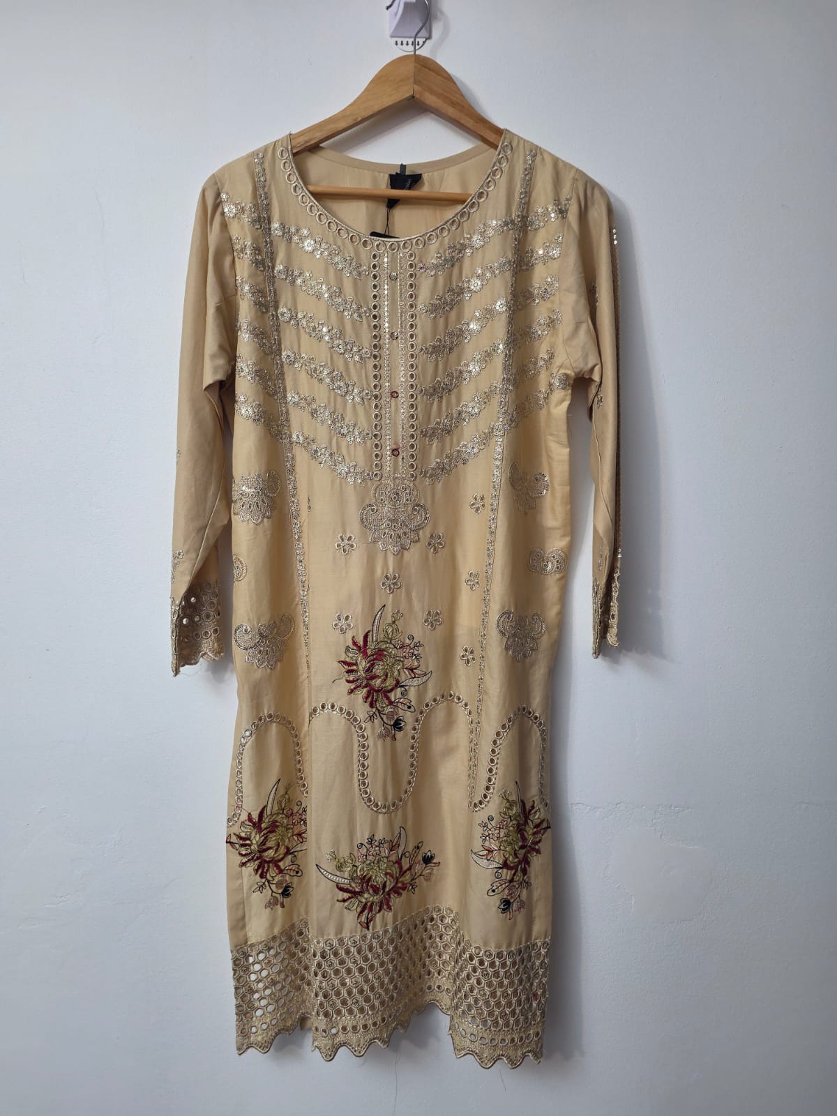 Skin beige cotton lawn 3 piece Pakistani suit with sitara embroidery, cutwork border, chiffon dupatta and plain trouser