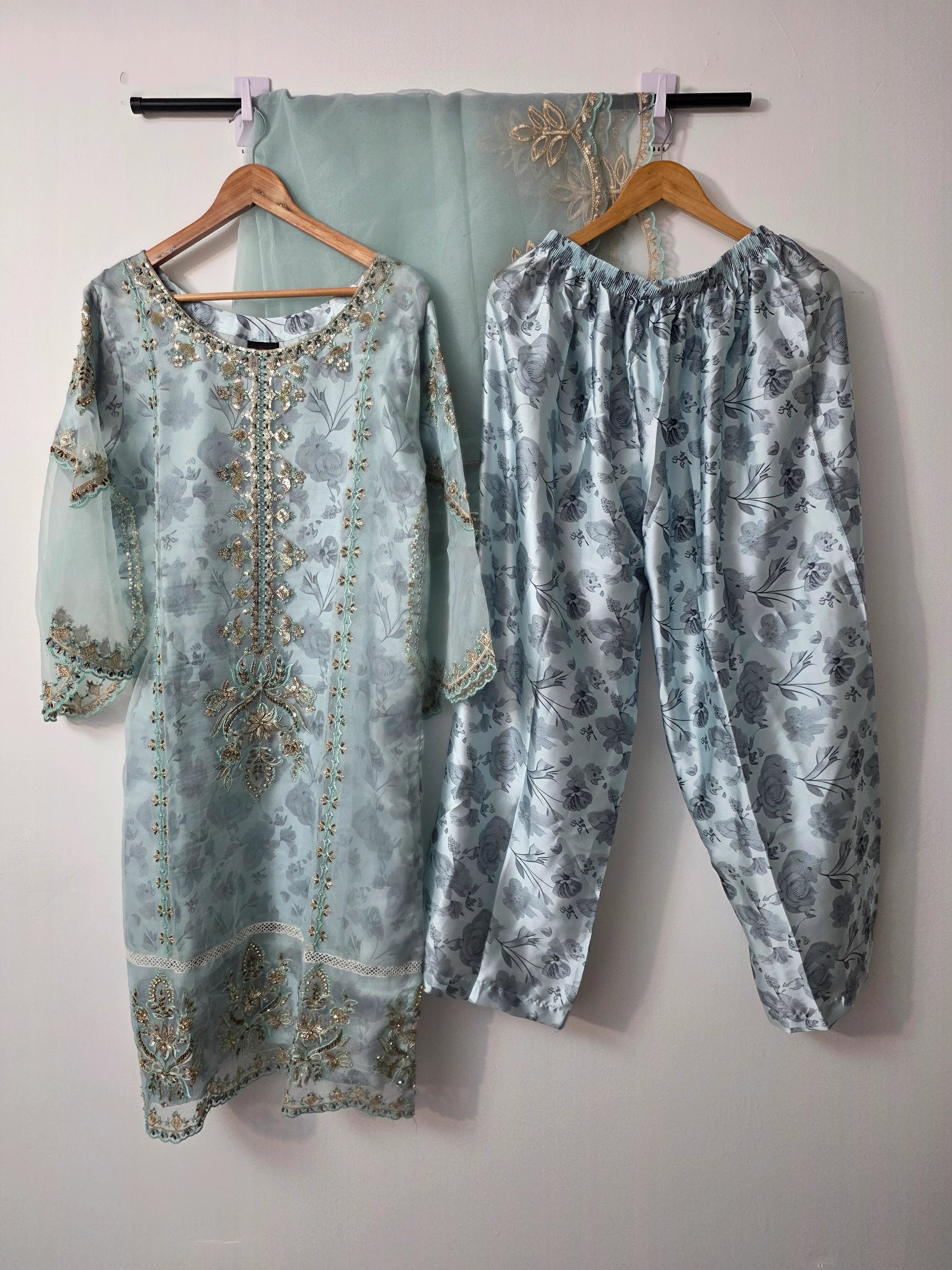 Sky blue Pakistani 3 piece organza suit with pearl embroidery