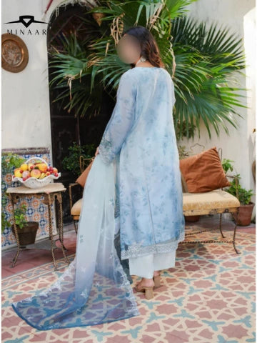 Sky Blue Embroidered Organza 3-Piece Suit with Printed Silk Trouser