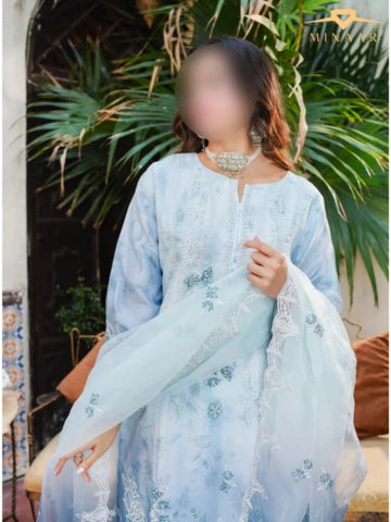 Sky Blue Embroidered Organza 3-Piece Suit with Printed Silk Trouser