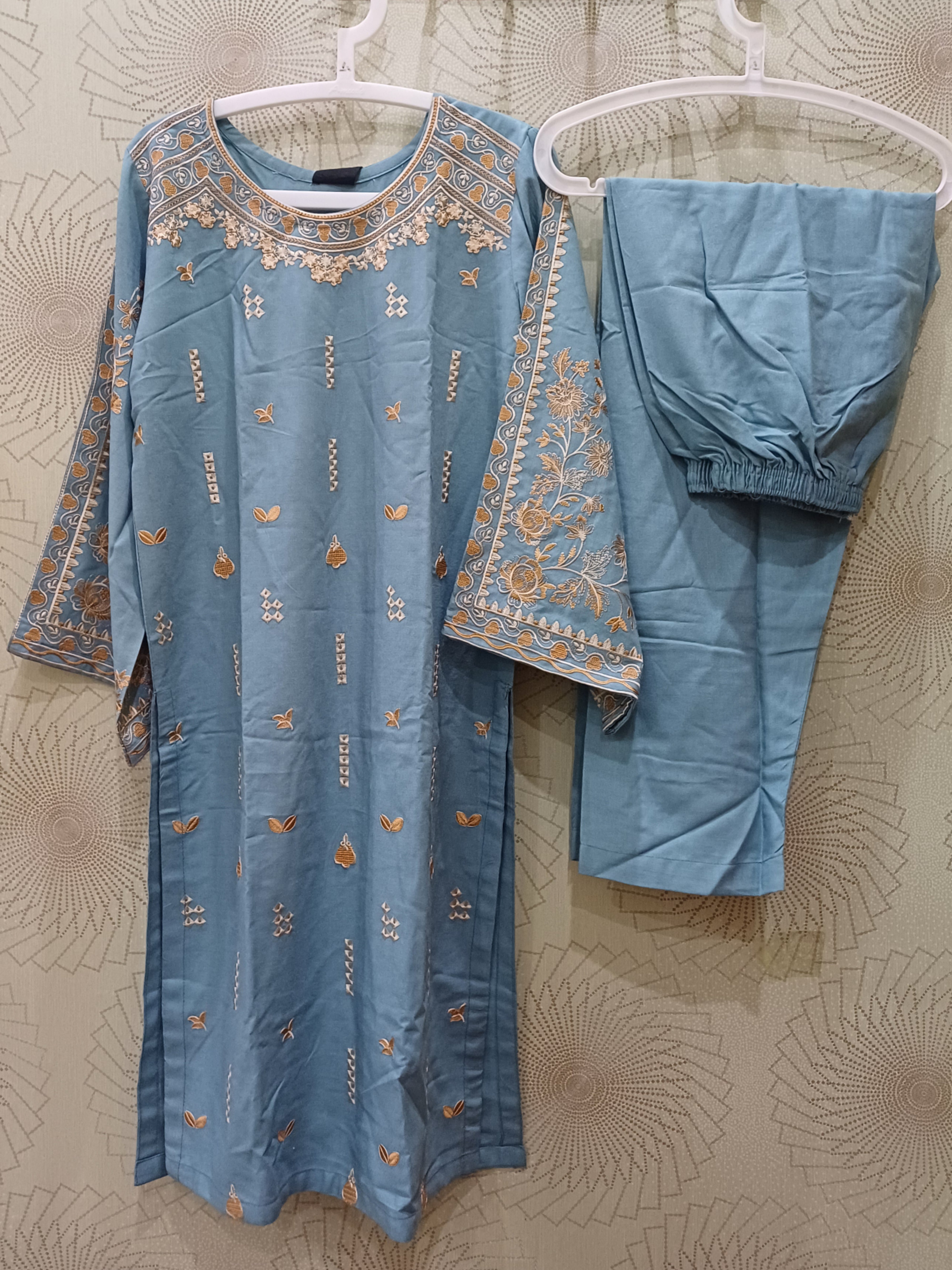 Sky blue embroidered winter cotton Pakistani 2 piece suit with matching trouser