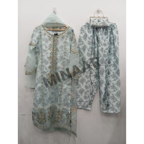 Sky Blue Embroidered Organza 3-Piece Suit with Printed Silk Trouser