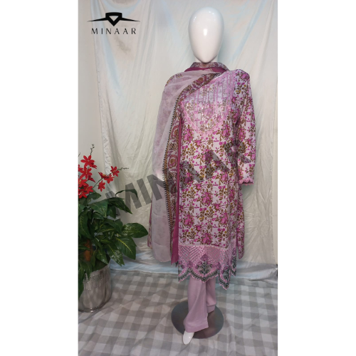 Pink Digital Printed Lawn 3 Piece Embroidered Suit with Chiffon Dupatta
