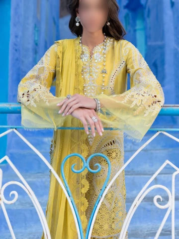 Lime Yellow Chikankari 3 Piece Stitched Outfit with Embroidered Dupatta