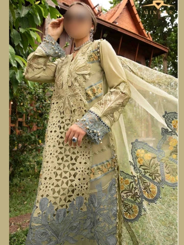 Stitched Embroidered Lawn Dress with 3D Flowers & Organza Patches