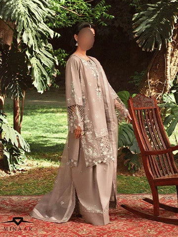 Beige Lawn Kurta Set with Organza Dupatta – 3 Piece Summer Festive Outfit for Women