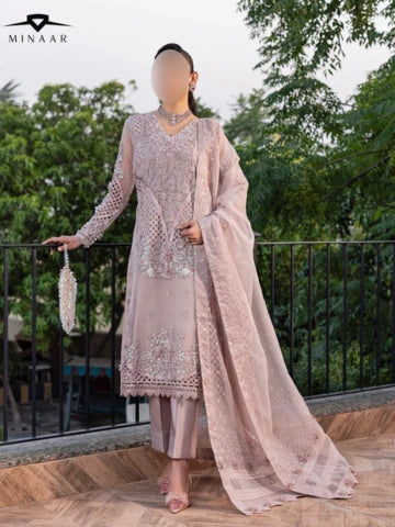 Silver Embroidered Kurta Set | 3-Piece Outfit with Long Organza Kurta, Viscose Trouser & Organza Dupatta