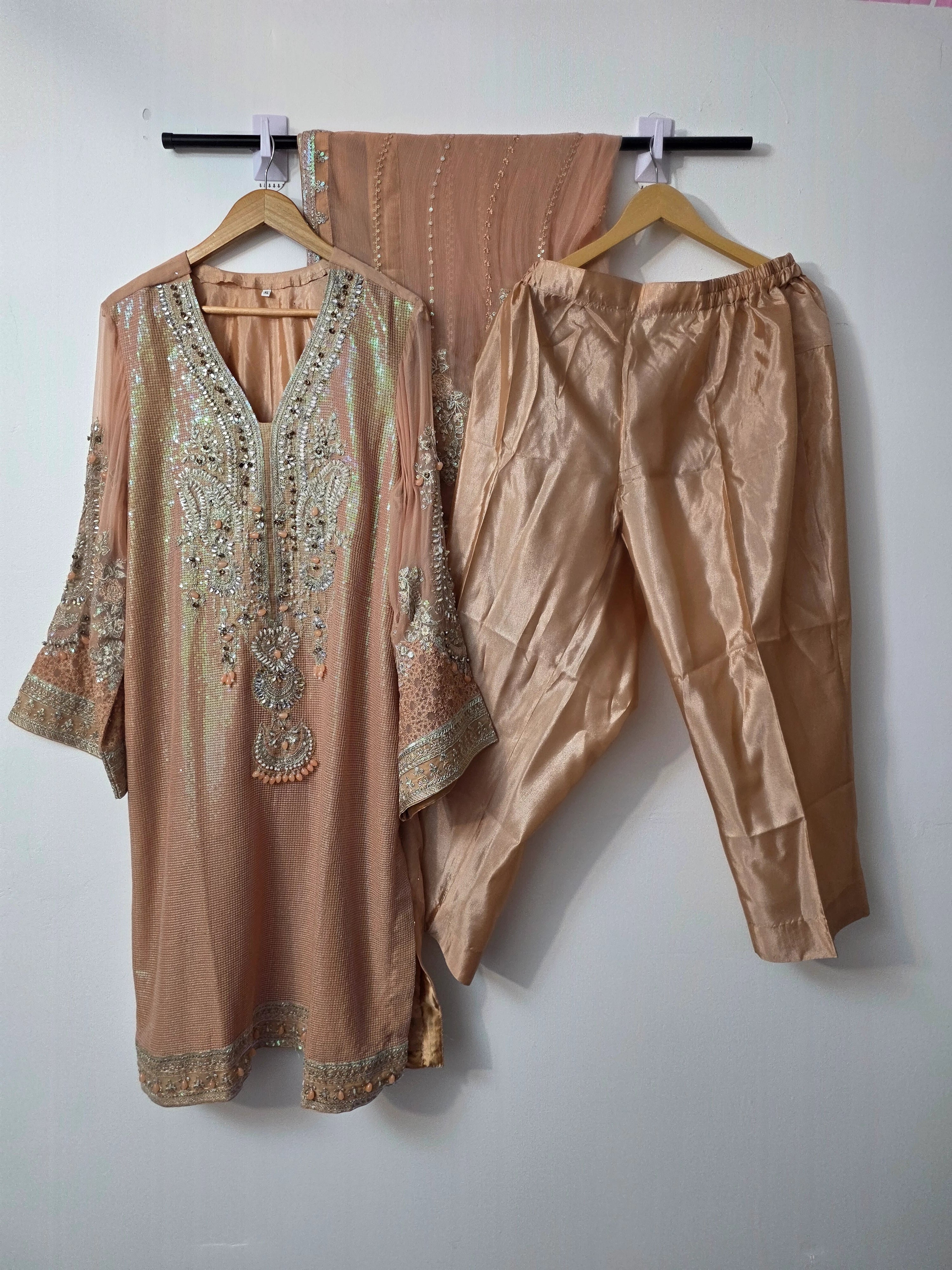 Tea pink Pakistani 3 piece suit with heavy stone and sitari embellishment