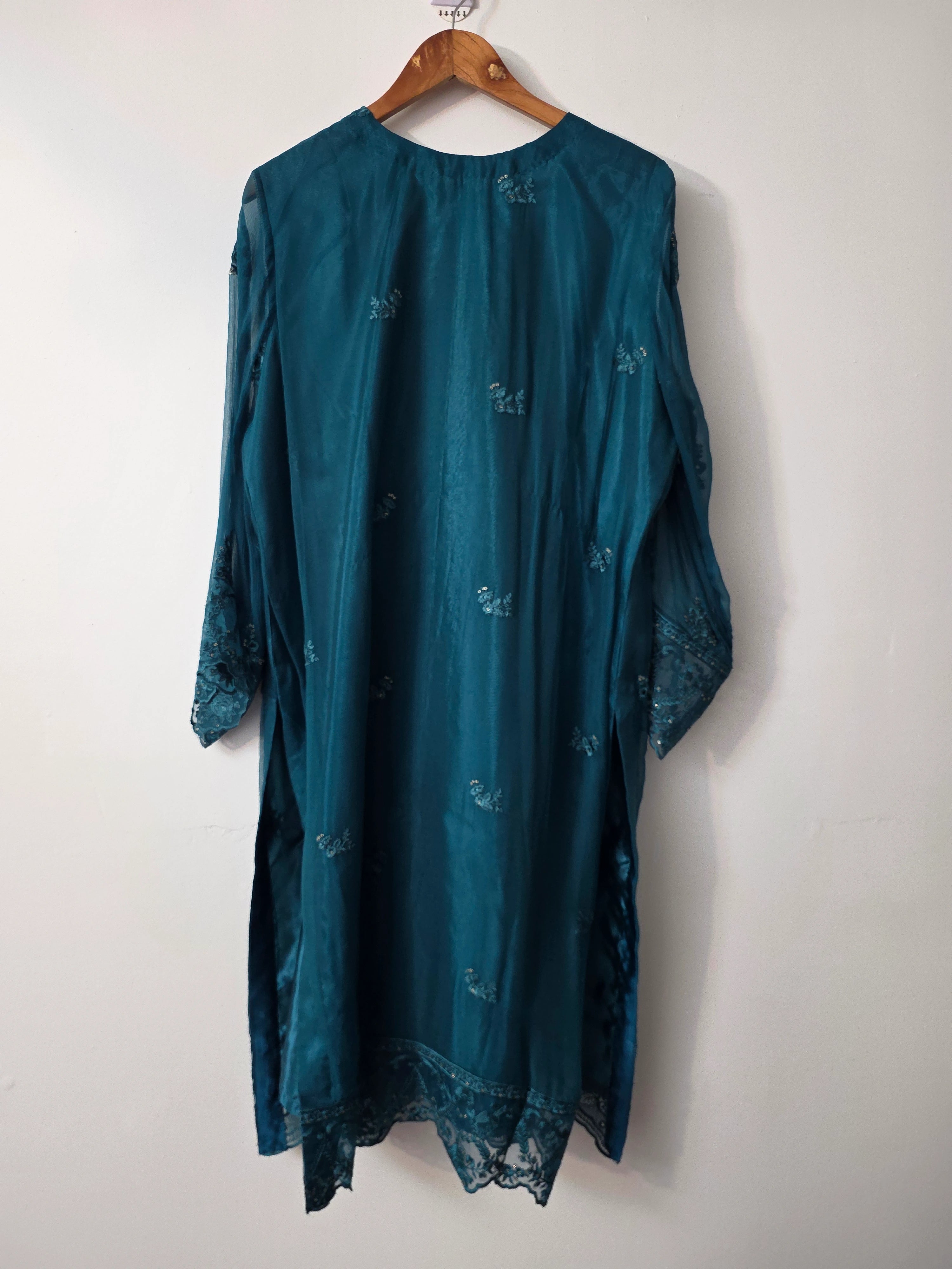 Teal Pakistani chiffon 3 piece suit with embroidered shirt and dupatta