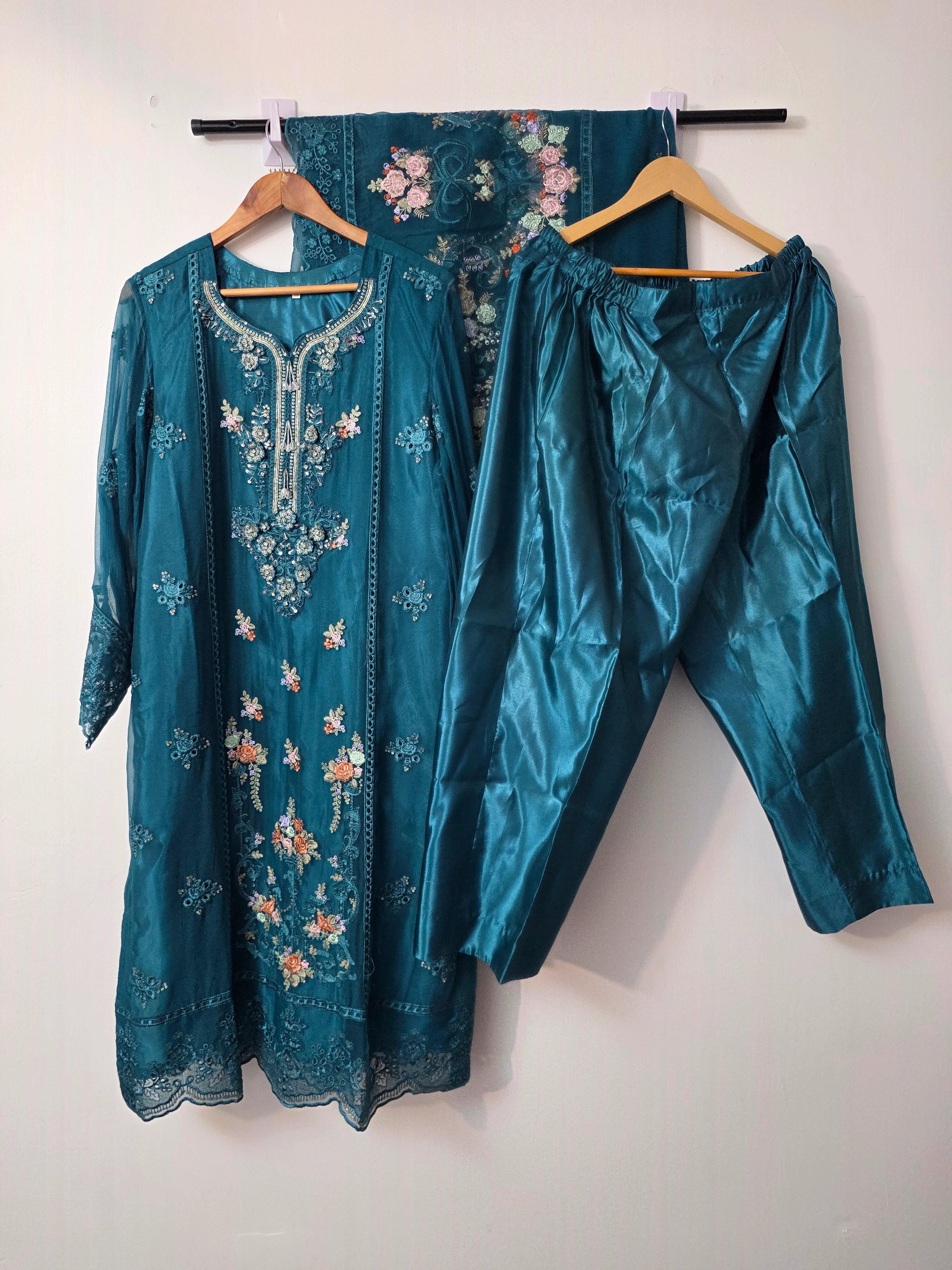 Teal Pakistani chiffon 3 piece suit with embroidered shirt and dupatta