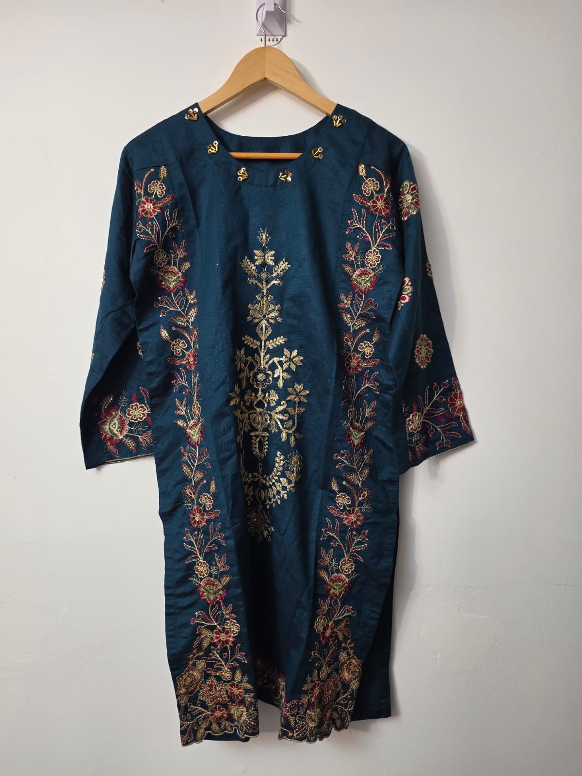 Teal blue Pakistani 2 piece suit with multicolor floral embroidered shirt and matching embroidered trouser