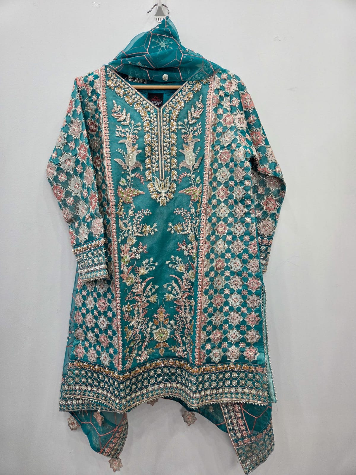 Teal organza Pakistani 3 piece dress with pearl beadwork embroidery and matching dupatta