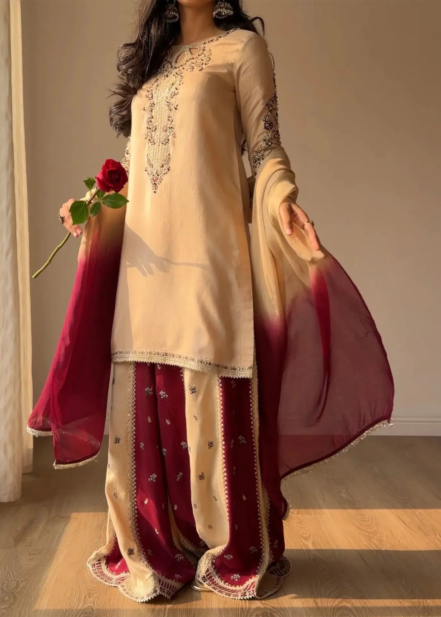 Three piece Pakistani Sharara outfit with silk dupatta