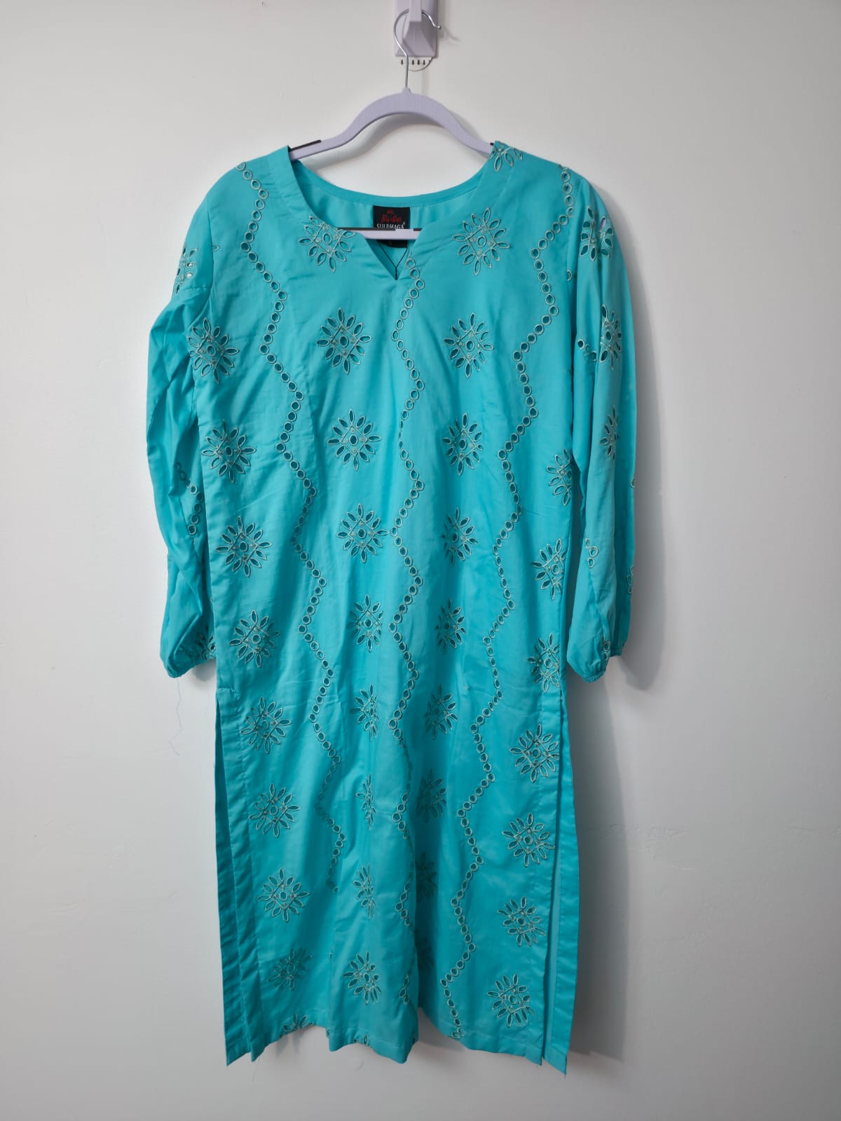 Turquoise Chikankari lawn Pakistani 3 piece suit with cutwork embroidered shirt, matching trouser and printed diamond dupatta