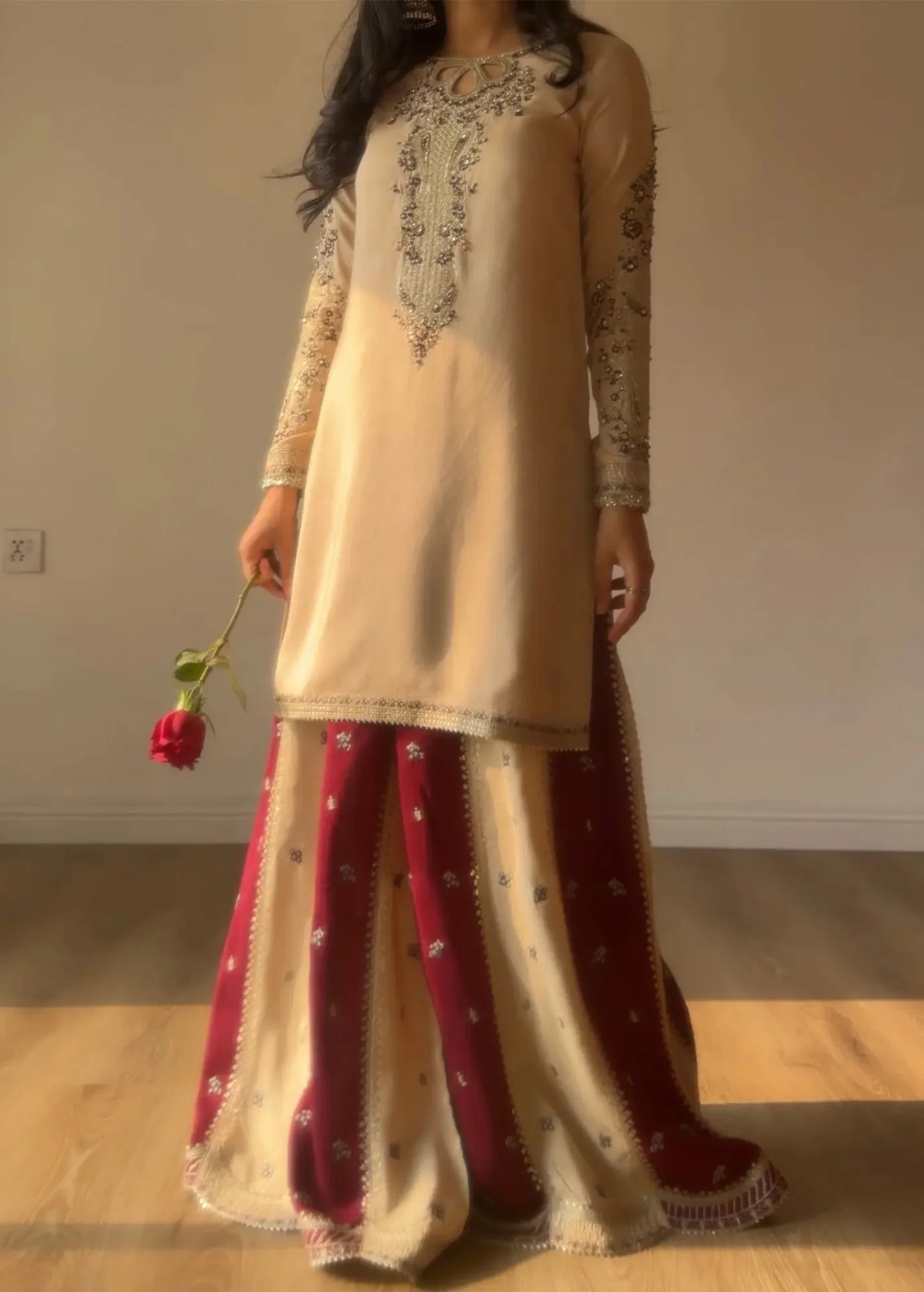 Two tone Sharara with embroidered ivory short kurta