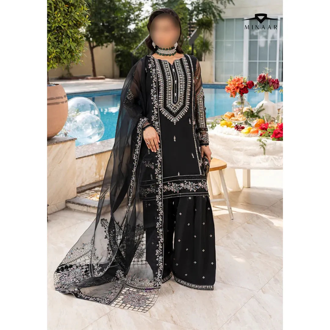 Black Embroidered Kurta Set | 3-Piece Outfit with Farshi Shalwar & Organza Dupatta