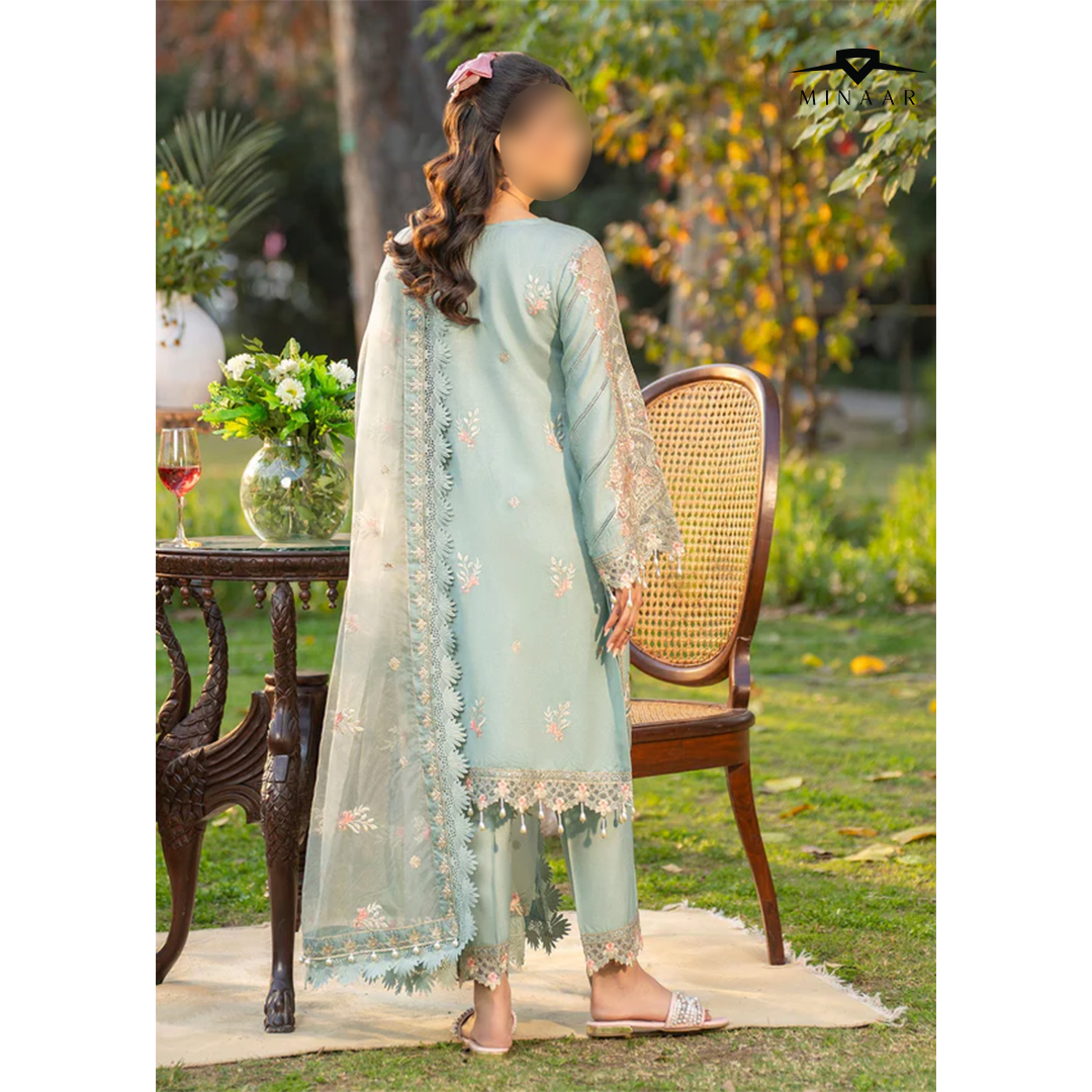 Light Blue Cotton Net Kurta Set with Organza Dupatta – 3 Piece Festive Outfit