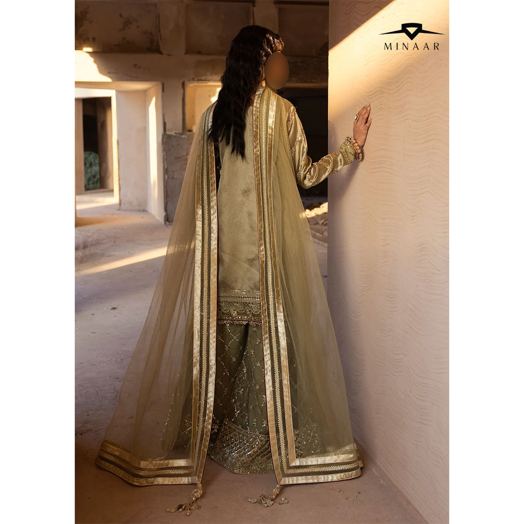 Olive Green Embroidered Sharara Set | 3-Piece Outfit with Tissue Shirt & Net Dupatta