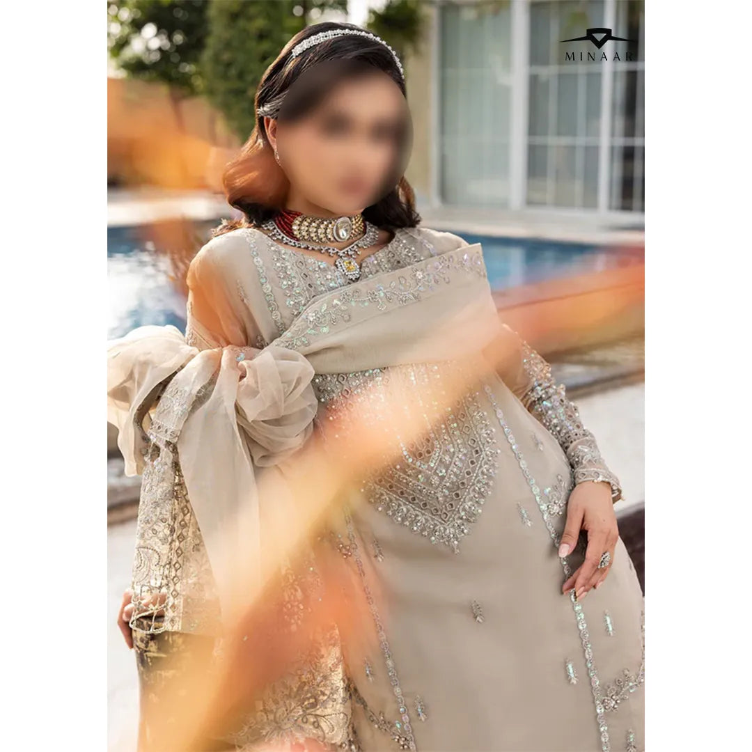 Beige Embroidered Kurta Set | 3-Piece Outfit with Farshi Shalwar & Organza Dupatta