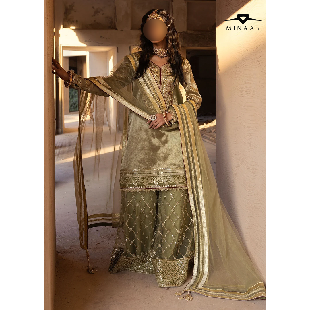 Olive Green Embroidered Sharara Set | 3-Piece Outfit with Tissue Shirt & Net Dupatta