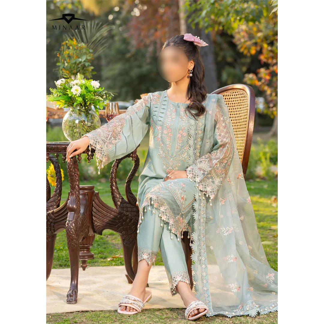 Light Blue Cotton Net Kurta Set with Organza Dupatta – 3 Piece Festive Outfit