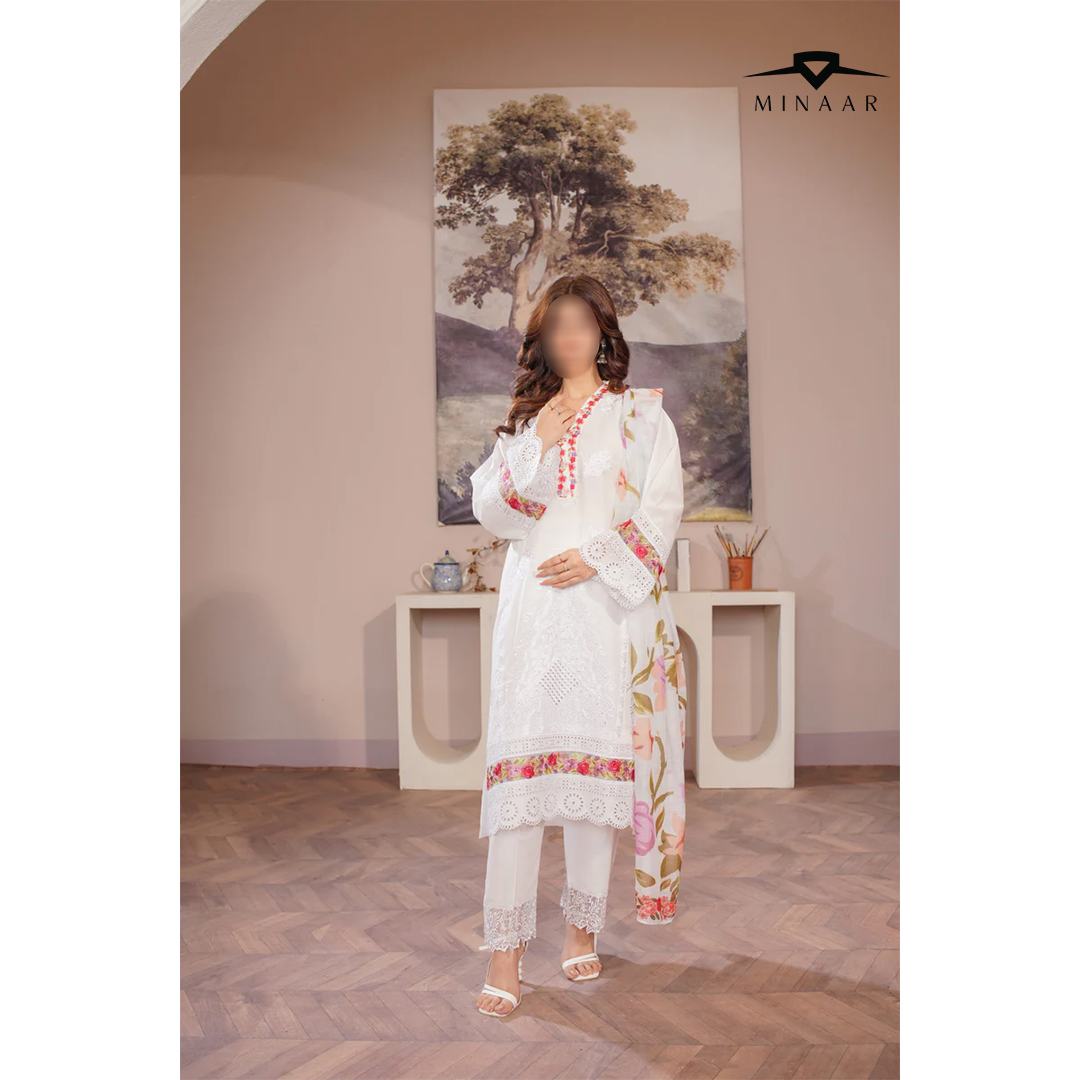 White Chikankari Lawn 3-Piece Suit with Embroidery & Printed Dupatta