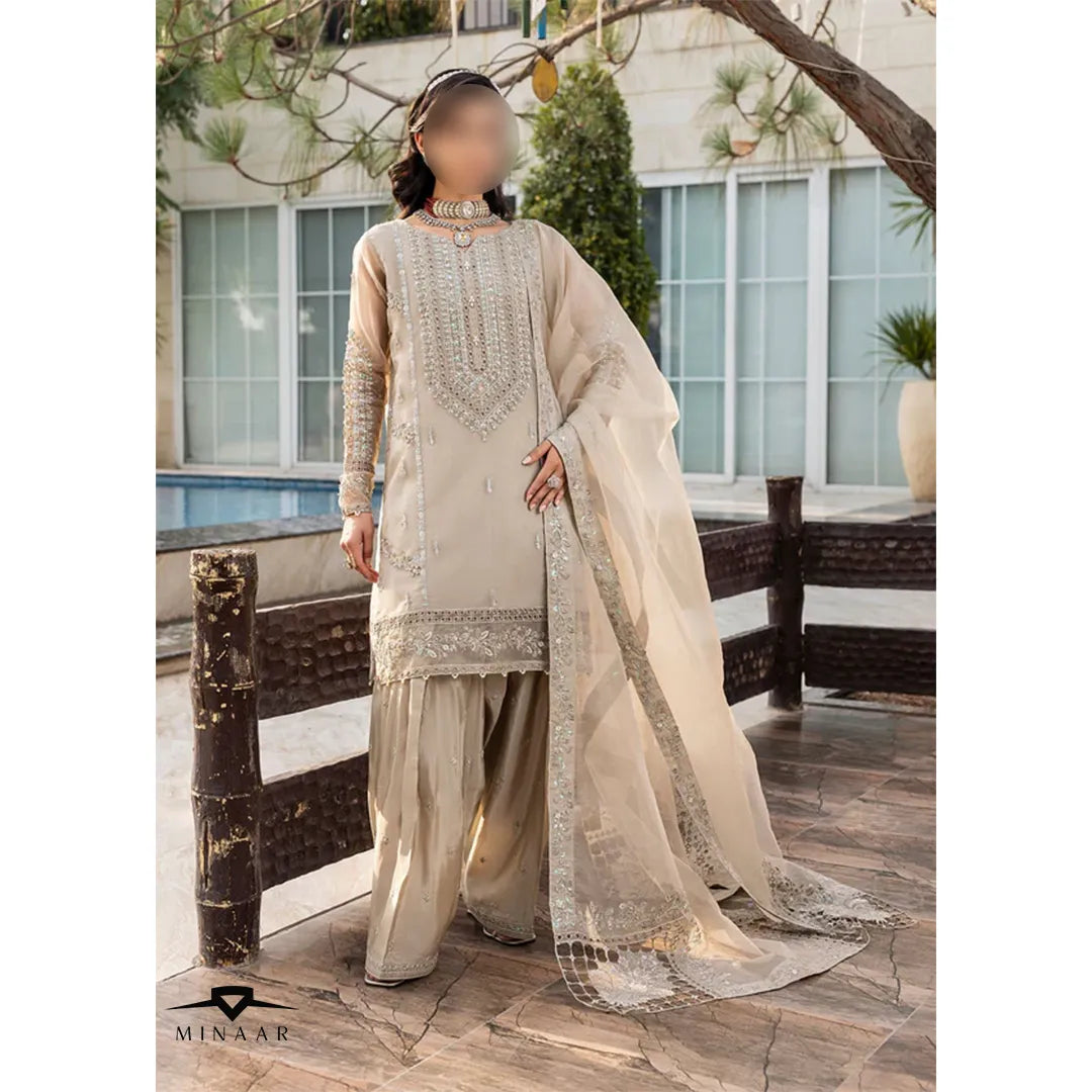Beige Embroidered Kurta Set | 3-Piece Outfit with Farshi Shalwar & Organza Dupatta