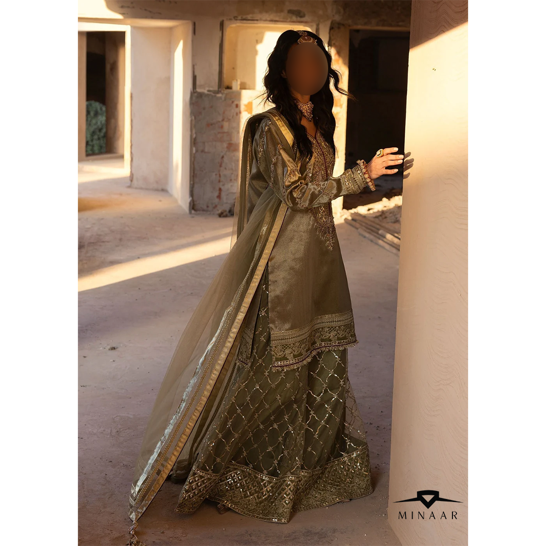 Olive Green Embroidered Sharara Set | 3-Piece Outfit with Tissue Shirt & Net Dupatta