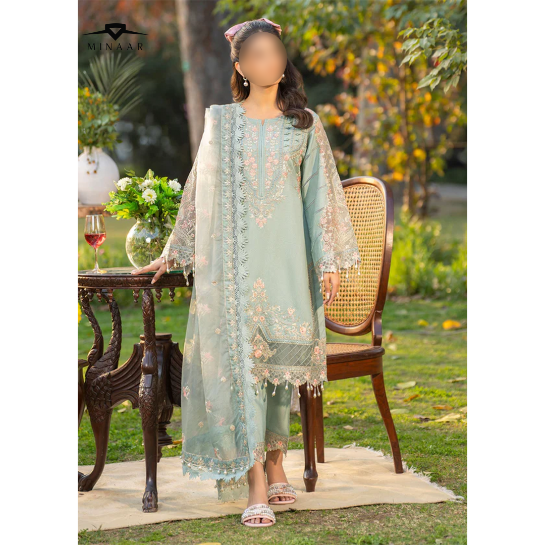 Light Blue Cotton Net Kurta Set with Organza Dupatta – 3 Piece Festive Outfit