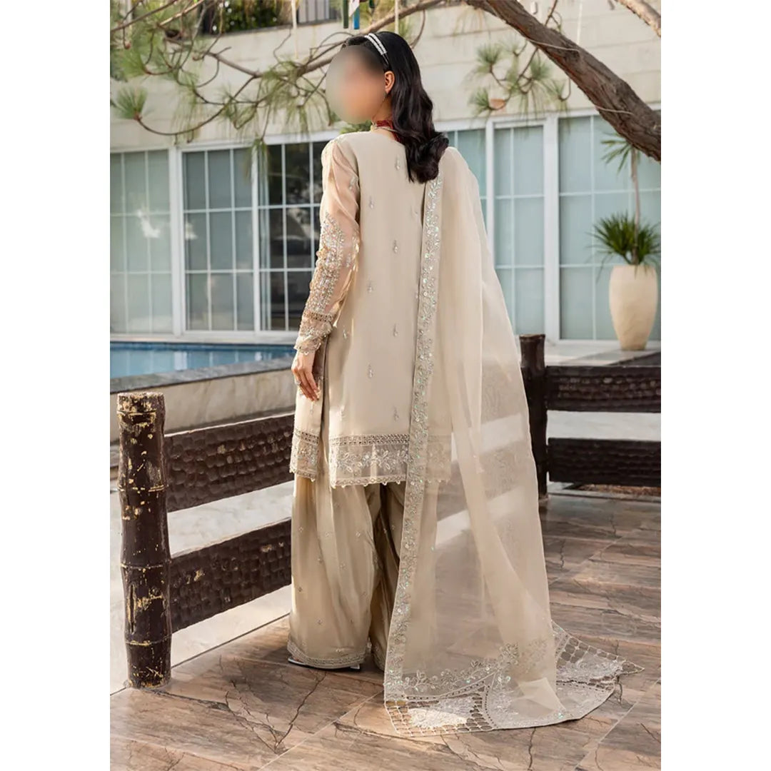 Beige Embroidered Kurta Set | 3-Piece Outfit with Farshi Shalwar & Organza Dupatta
