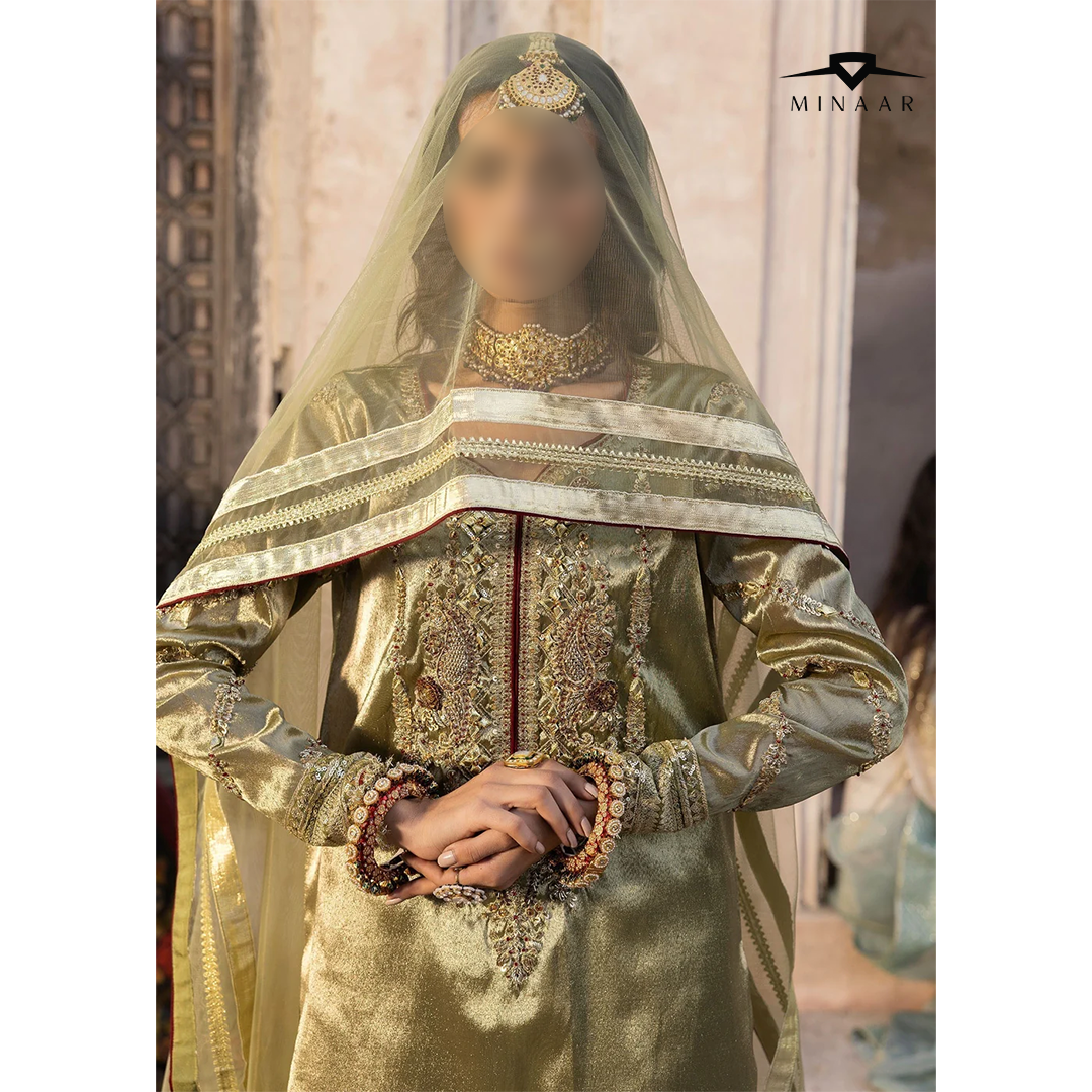 Olive Green Embroidered Sharara Set | 3-Piece Outfit with Tissue Shirt & Net Dupatta
