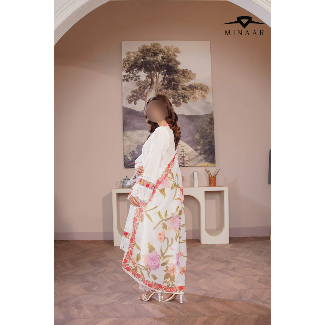White Chikankari Lawn 3-Piece Suit with Embroidery & Printed Dupatta