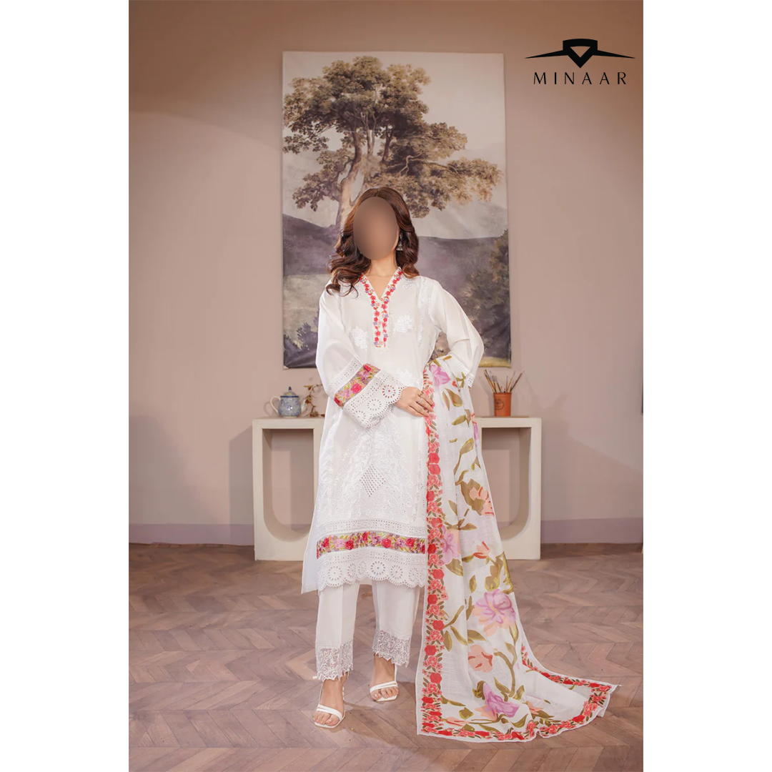 White Chikankari Lawn 3-Piece Suit with Embroidery & Printed Dupatta