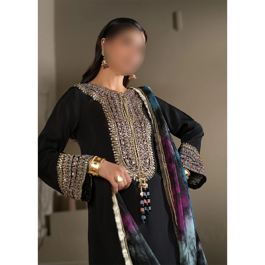 Black Embroidered Short Kurta with Farshi Shalwar & Silk Dupatta – 3 Piece