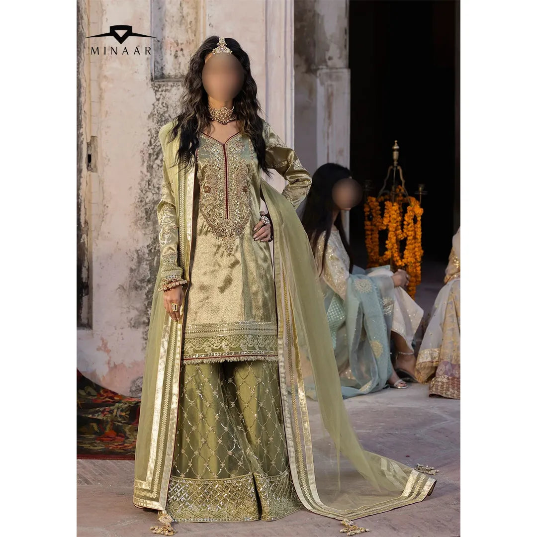 Olive Green Embroidered Sharara Set | 3-Piece Outfit with Tissue Shirt & Net Dupatta