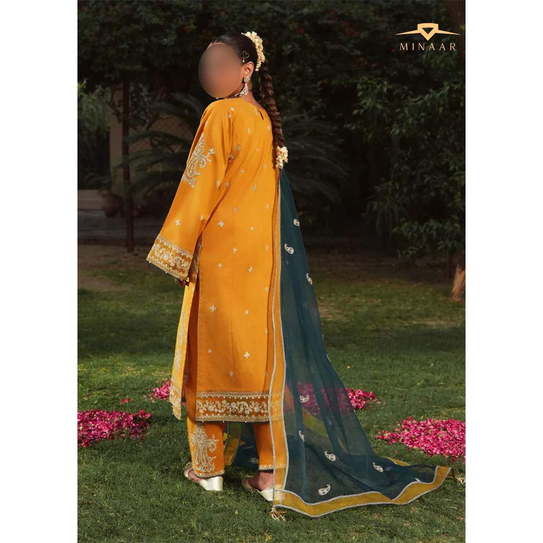 Mustard Lawn Kurta Set with Organza Dupatta – 3 Piece Summer Festive Outfit