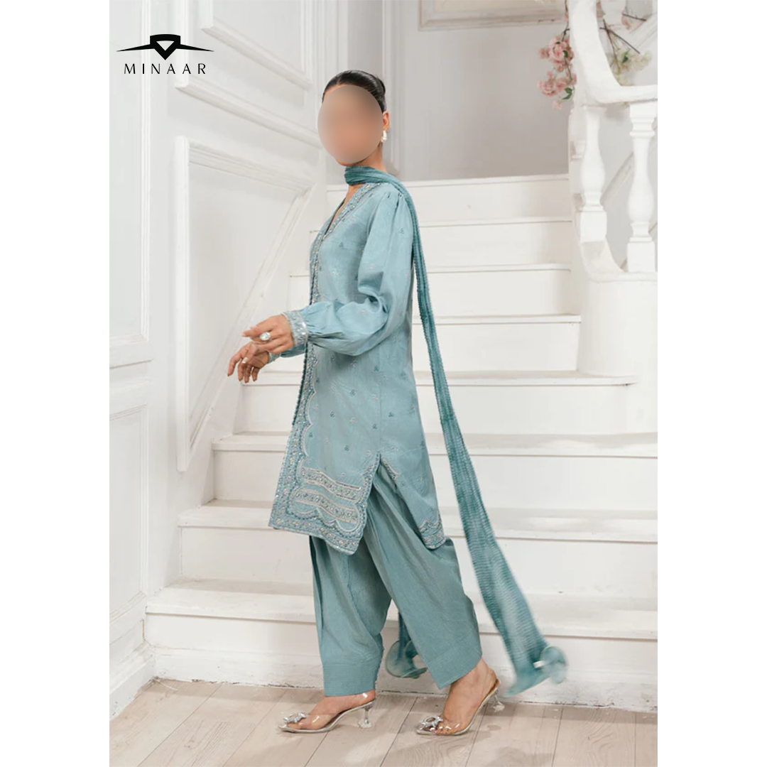 Ice Blue Embroidered Kurta Set | 3-Piece Outfit with Farshi Shalwar & Crushed Chiffon Dupatta