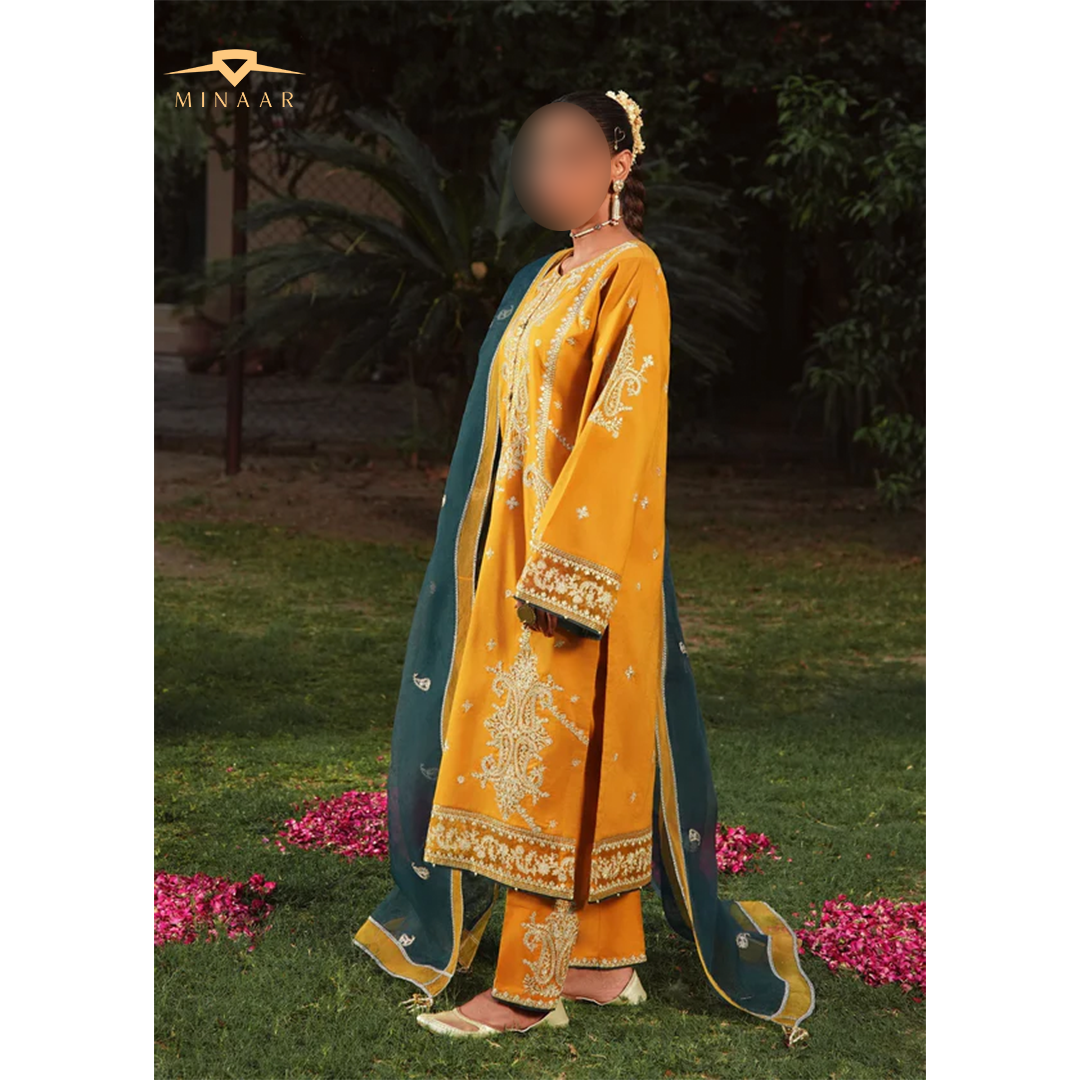 Mustard Lawn Kurta Set with Organza Dupatta – 3 Piece Summer Festive Outfit